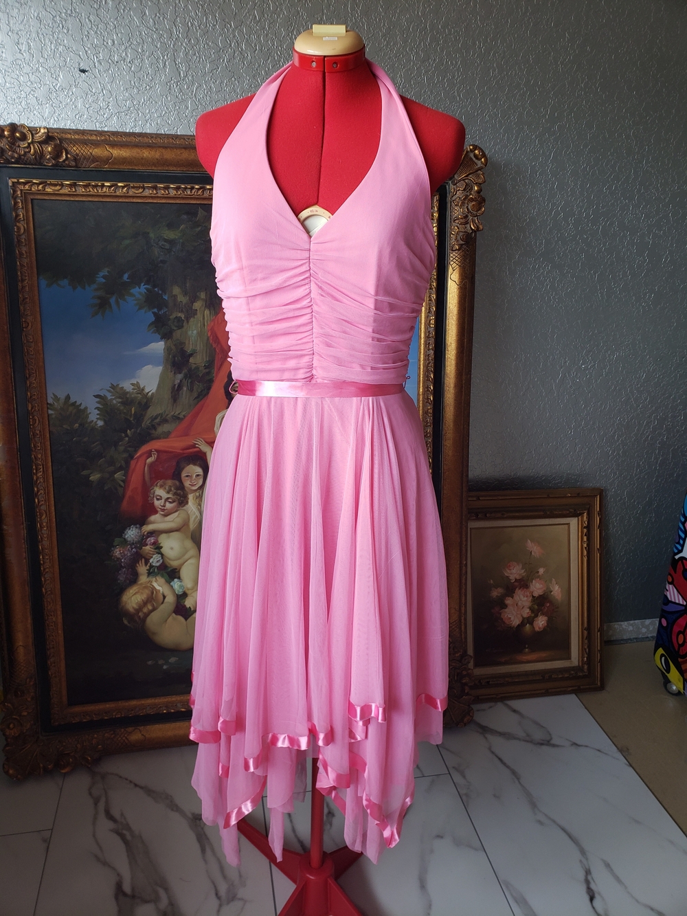 Bari Jay Pink Halter Ruched Backless Chiffon Dress